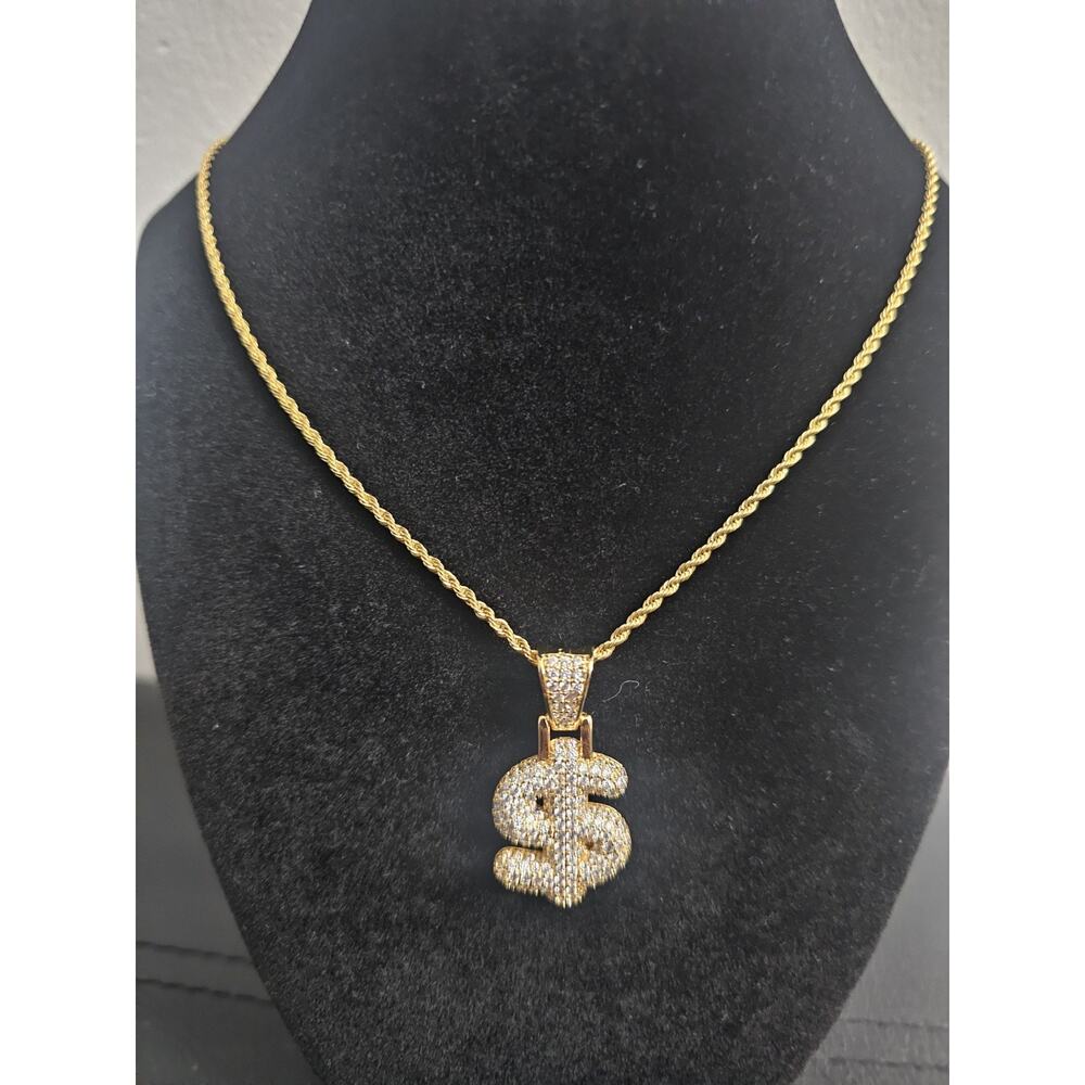 24in. Gold stainless steel- 1.3mm Rope Chain Necklace w/CZs Dollar Sign Pendant